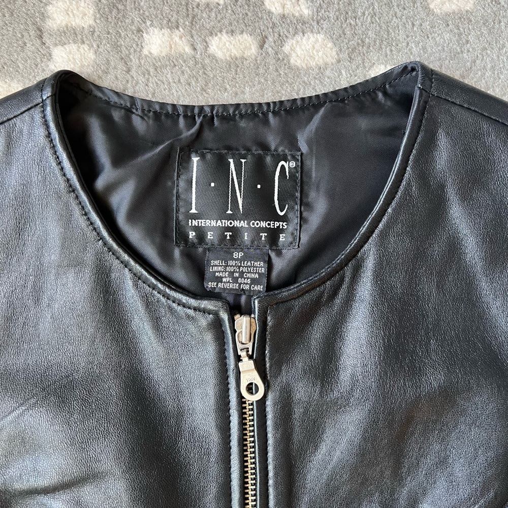 Black 100% Leather Zip-Up Moto Vest, INC International Concepts - Sz 8 Petite - Picture 13 of 13